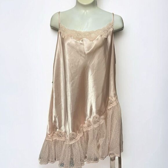 Vtg Keyloun Satin semi-sheer Mesh Lace Trim Chemise Slip Dress Peach Pink Size L - Picture 3 of 12